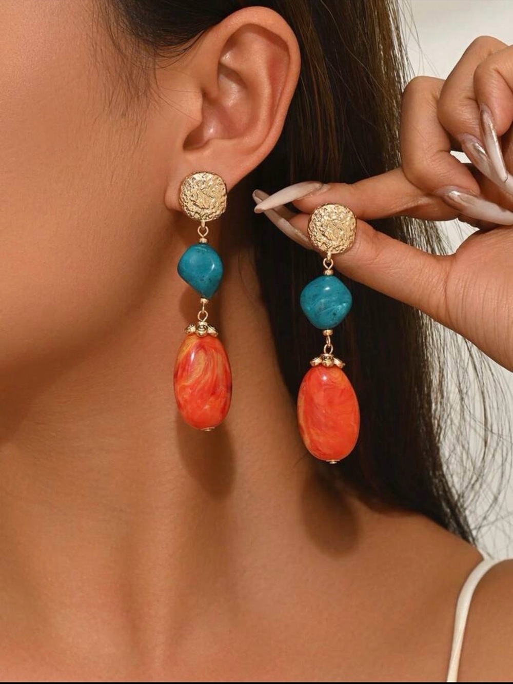 🧡 Turquoise & Coral Statement Drop Earrings